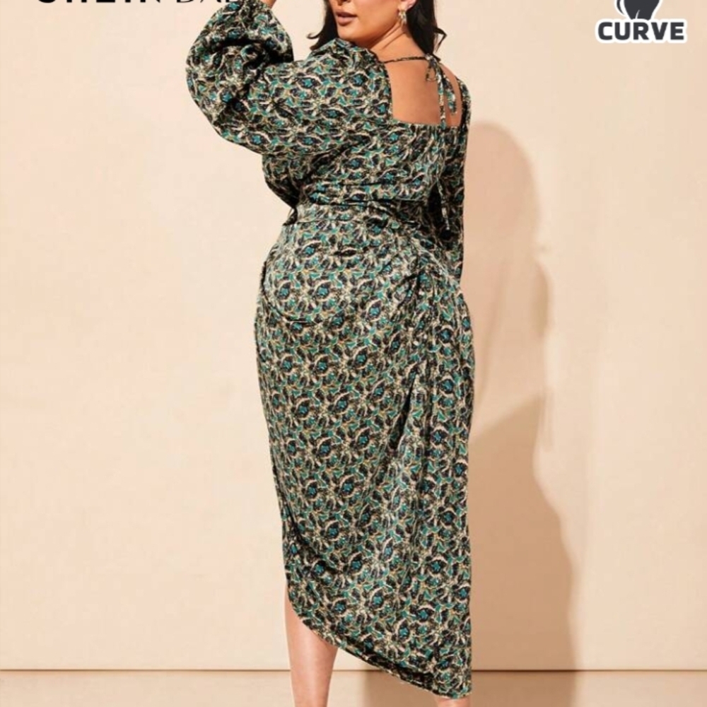 SHEIN Asymmetrical Dress in Green and Black Floral